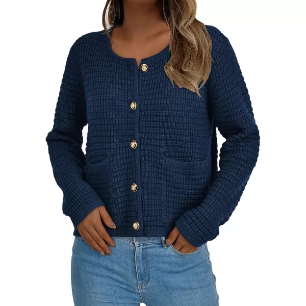 PRETTYGARDEN Open Front Cardigan Sweaters for Women Button Down Long Sleeve Casual Cute Knitted Shirts with PocketsNavy