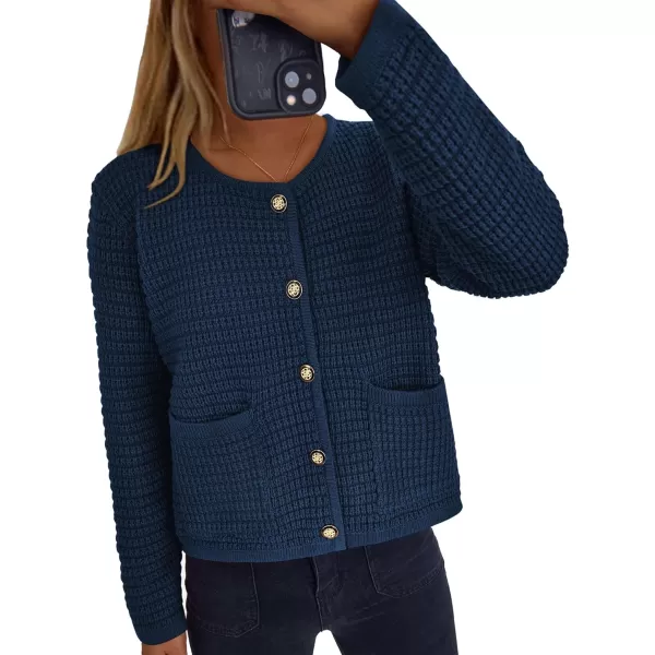 PRETTYGARDEN Open Front Cardigan Sweaters for Women Button Down Long Sleeve Casual Cute Knitted Shirts with PocketsNavy