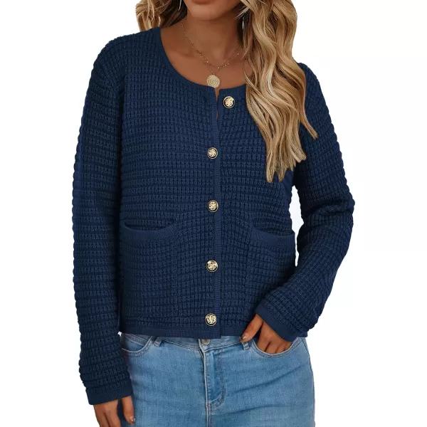PRETTYGARDEN Open Front Cardigan Sweaters for Women Button Down Long Sleeve Casual Cute Knitted Shirts with PocketsNavy