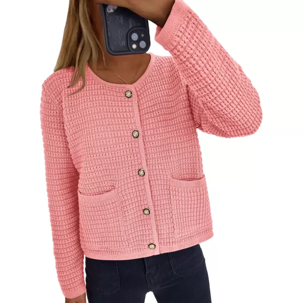 PRETTYGARDEN Open Front Cardigan Sweaters for Women Button Down Long Sleeve Casual Cute Knitted Shirts with PocketsPink