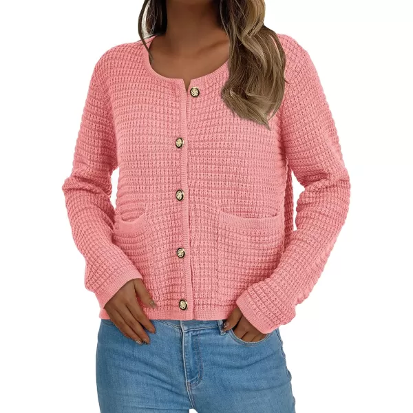 PRETTYGARDEN Open Front Cardigan Sweaters for Women Button Down Long Sleeve Casual Cute Knitted Shirts with PocketsPink