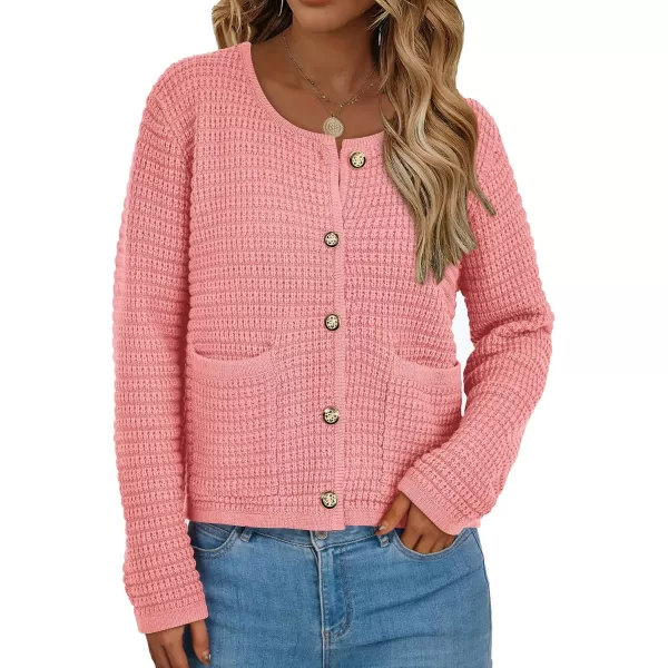 PRETTYGARDEN Open Front Cardigan Sweaters for Women Button Down Long Sleeve Casual Cute Knitted Shirts with PocketsPink