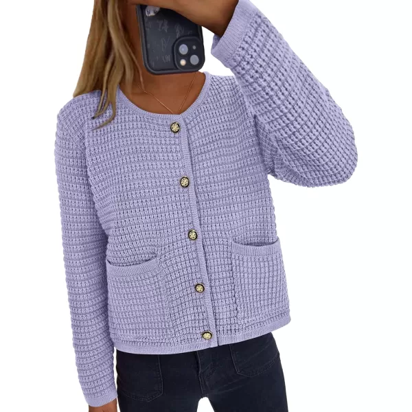PRETTYGARDEN Open Front Cardigan Sweaters for Women Button Down Long Sleeve Casual Cute Knitted Shirts with PocketsPurple