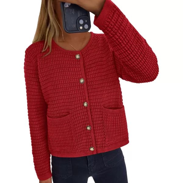 PRETTYGARDEN Open Front Cardigan Sweaters for Women Button Down Long Sleeve Casual Cute Knitted Shirts with PocketsRed