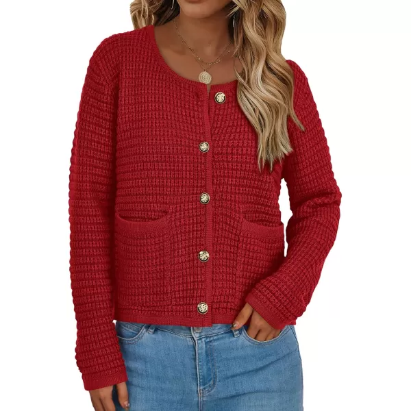PRETTYGARDEN Open Front Cardigan Sweaters for Women Button Down Long Sleeve Casual Cute Knitted Shirts with PocketsRed