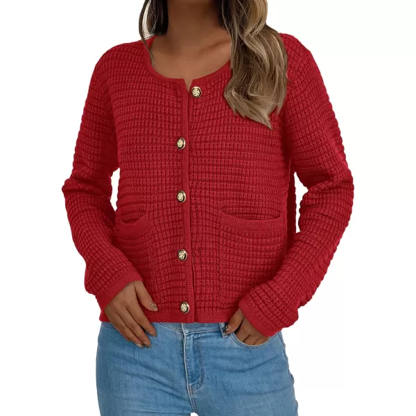 PRETTYGARDEN Open Front Cardigan Sweaters for Women Button Down Long Sleeve Casual Cute Knitted Shirts with PocketsRed