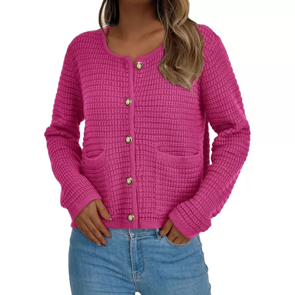 PRETTYGARDEN Open Front Cardigan Sweaters for Women Button Down Long Sleeve Casual Cute Knitted Shirts with PocketsRose Red
