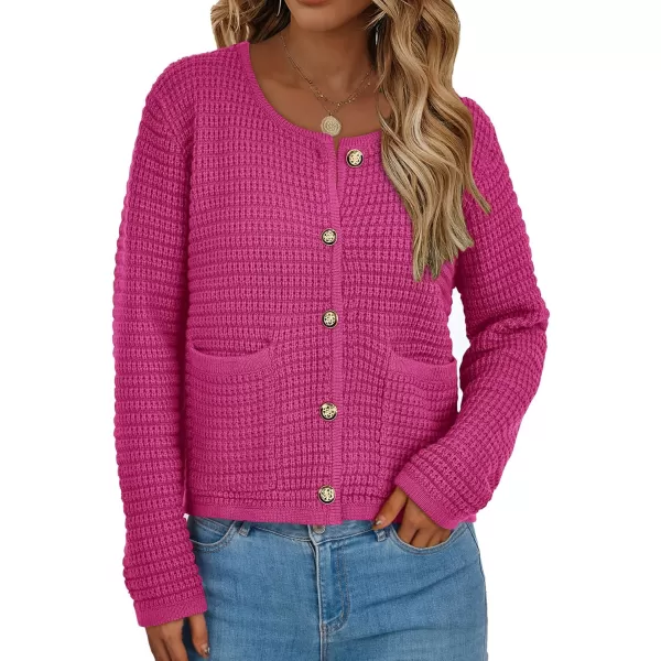PRETTYGARDEN Open Front Cardigan Sweaters for Women Button Down Long Sleeve Casual Cute Knitted Shirts with PocketsRose Red