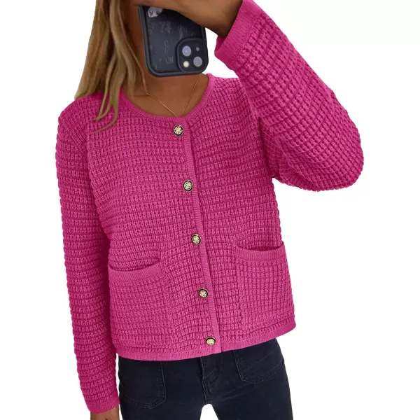 PRETTYGARDEN Open Front Cardigan Sweaters for Women Button Down Long Sleeve Casual Cute Knitted Shirts with PocketsRose Red