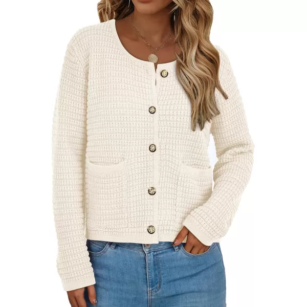 PRETTYGARDEN Open Front Cardigan Sweaters for Women Button Down Long Sleeve Casual Cute Knitted Shirts with PocketsWhite
