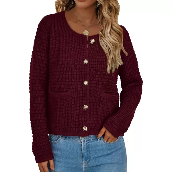 PRETTYGARDEN Open Front Cardigan Sweaters for Women Button Down Long Sleeve Casual Cute Knitted Shirts with PocketsWine Red