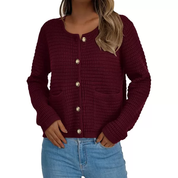 PRETTYGARDEN Open Front Cardigan Sweaters for Women Button Down Long Sleeve Casual Cute Knitted Shirts with PocketsWine Red