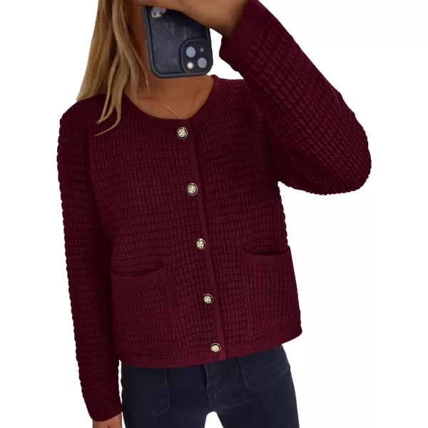 PRETTYGARDEN Open Front Cardigan Sweaters for Women Button Down Long Sleeve Casual Cute Knitted Shirts with PocketsWine Red