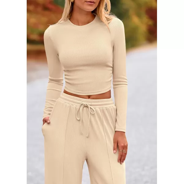 PRETTYGARDEN Womens 2 Piece Loungewear Long Sleeve Crop Top Wide Leg Palazzo Pants Set Tracksuits Casual OutfitBeige