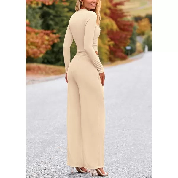 PRETTYGARDEN Womens 2 Piece Loungewear Long Sleeve Crop Top Wide Leg Palazzo Pants Set Tracksuits Casual OutfitBeige