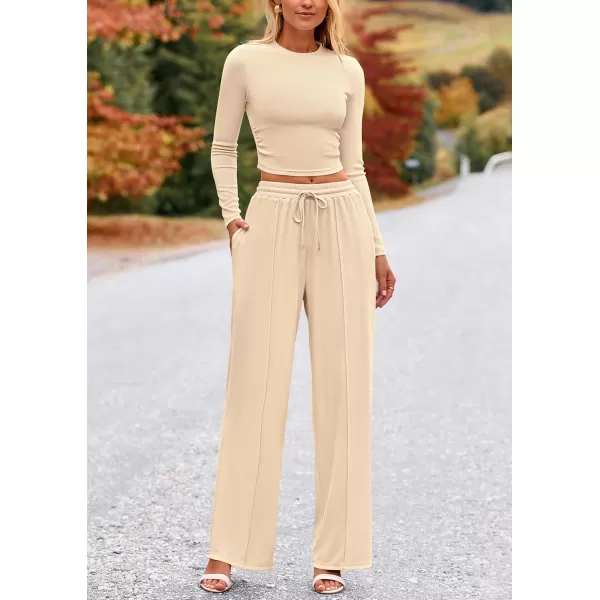 PRETTYGARDEN Womens 2 Piece Loungewear Long Sleeve Crop Top Wide Leg Palazzo Pants Set Tracksuits Casual OutfitBeige