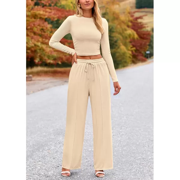 PRETTYGARDEN Womens 2 Piece Loungewear Long Sleeve Crop Top Wide Leg Palazzo Pants Set Tracksuits Casual OutfitBeige