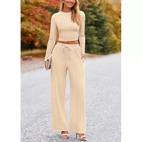 PRETTYGARDEN Womens 2 Piece Loungewear Long Sleeve Crop Top Wide Leg Palazzo Pants Set Tracksuits Casual OutfitBeige