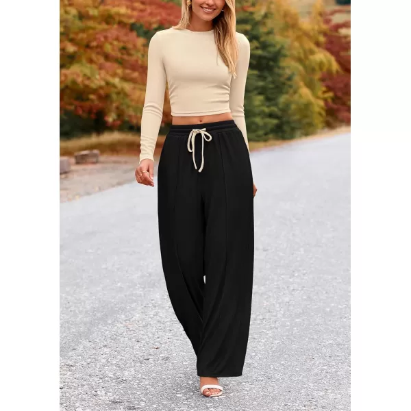 PRETTYGARDEN Womens 2 Piece Loungewear Long Sleeve Crop Top Wide Leg Palazzo Pants Set Tracksuits Casual OutfitBeige Black