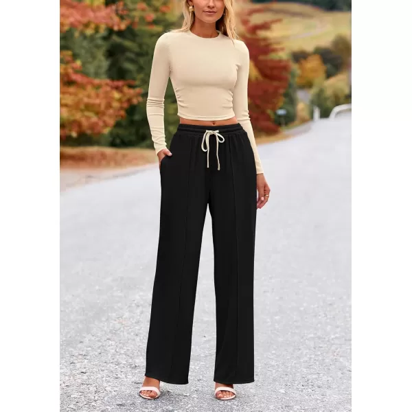 PRETTYGARDEN Womens 2 Piece Loungewear Long Sleeve Crop Top Wide Leg Palazzo Pants Set Tracksuits Casual OutfitBeige Black