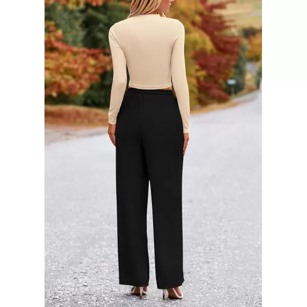 PRETTYGARDEN Womens 2 Piece Loungewear Long Sleeve Crop Top Wide Leg Palazzo Pants Set Tracksuits Casual OutfitBeige Black