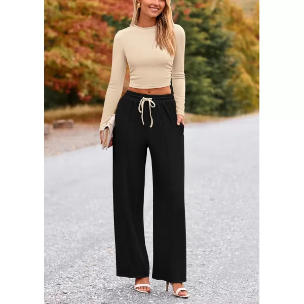 PRETTYGARDEN Womens 2 Piece Loungewear Long Sleeve Crop Top Wide Leg Palazzo Pants Set Tracksuits Casual OutfitBeige Black