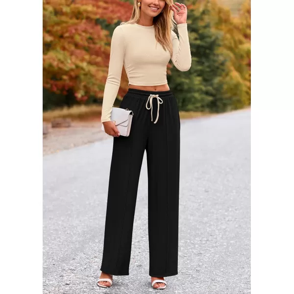 PRETTYGARDEN Womens 2 Piece Loungewear Long Sleeve Crop Top Wide Leg Palazzo Pants Set Tracksuits Casual OutfitBeige Black