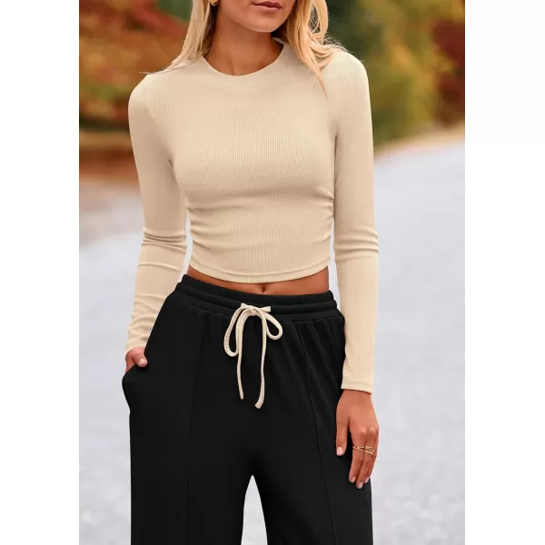 PRETTYGARDEN Womens 2 Piece Loungewear Long Sleeve Crop Top Wide Leg Palazzo Pants Set Tracksuits Casual OutfitBeige Black