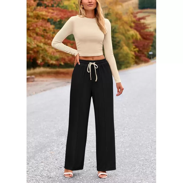 PRETTYGARDEN Womens 2 Piece Loungewear Long Sleeve Crop Top Wide Leg Palazzo Pants Set Tracksuits Casual OutfitBeige Black