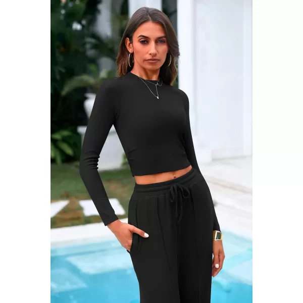 PRETTYGARDEN Womens 2 Piece Loungewear Long Sleeve Crop Top Wide Leg Palazzo Pants Set Tracksuits Casual OutfitBlack