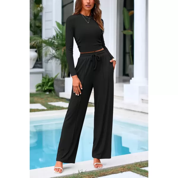 PRETTYGARDEN Womens 2 Piece Loungewear Long Sleeve Crop Top Wide Leg Palazzo Pants Set Tracksuits Casual OutfitBlack