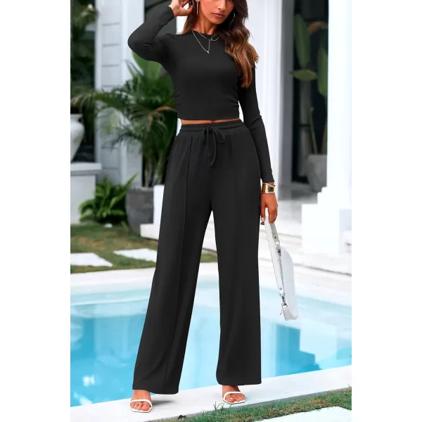 PRETTYGARDEN Womens 2 Piece Loungewear Long Sleeve Crop Top Wide Leg Palazzo Pants Set Tracksuits Casual OutfitBlack