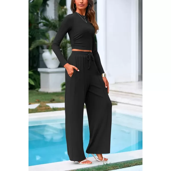 PRETTYGARDEN Womens 2 Piece Loungewear Long Sleeve Crop Top Wide Leg Palazzo Pants Set Tracksuits Casual OutfitBlack