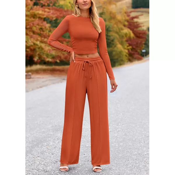PRETTYGARDEN Womens 2 Piece Loungewear Long Sleeve Crop Top Wide Leg Palazzo Pants Set Tracksuits Casual OutfitBrick Red