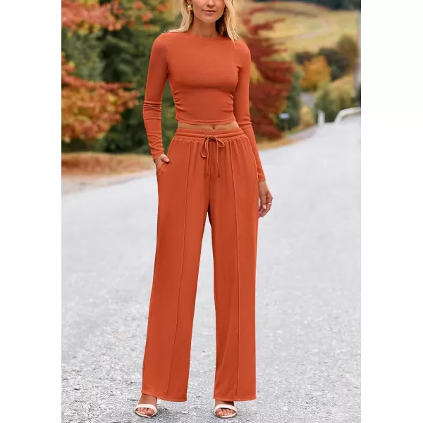 PRETTYGARDEN Womens 2 Piece Loungewear Long Sleeve Crop Top Wide Leg Palazzo Pants Set Tracksuits Casual OutfitBrick Red