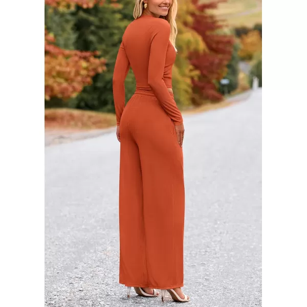 PRETTYGARDEN Womens 2 Piece Loungewear Long Sleeve Crop Top Wide Leg Palazzo Pants Set Tracksuits Casual OutfitBrick Red