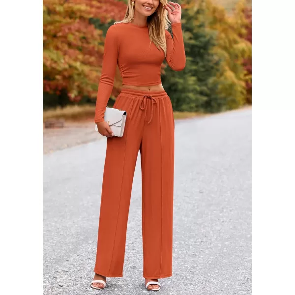 PRETTYGARDEN Womens 2 Piece Loungewear Long Sleeve Crop Top Wide Leg Palazzo Pants Set Tracksuits Casual OutfitBrick Red