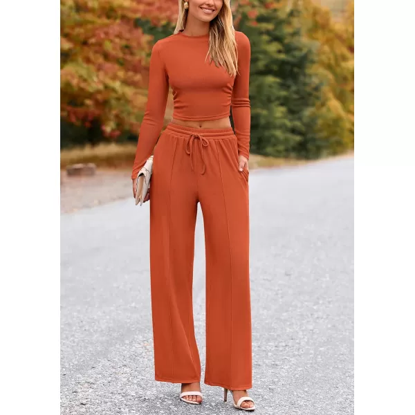 PRETTYGARDEN Womens 2 Piece Loungewear Long Sleeve Crop Top Wide Leg Palazzo Pants Set Tracksuits Casual OutfitBrick Red