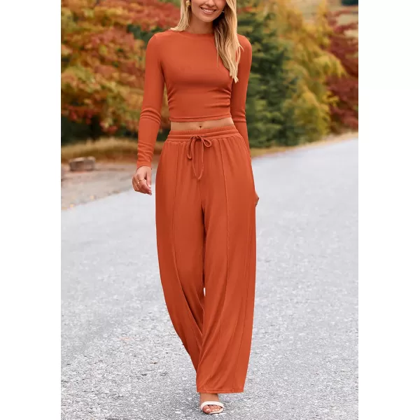 PRETTYGARDEN Womens 2 Piece Loungewear Long Sleeve Crop Top Wide Leg Palazzo Pants Set Tracksuits Casual OutfitBrick Red