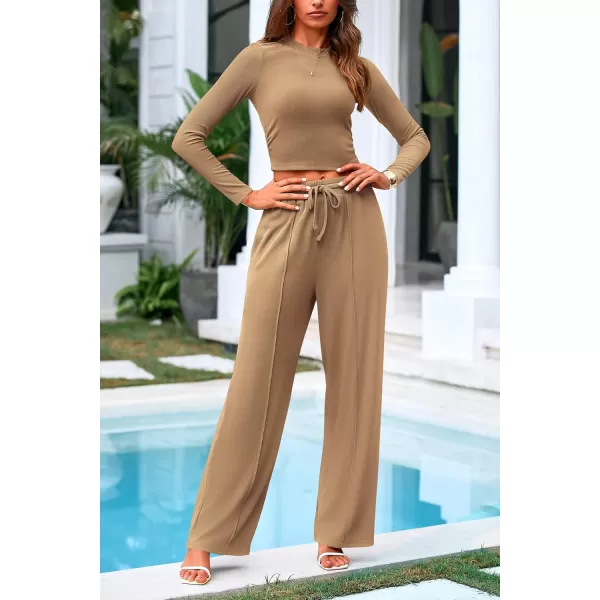 PRETTYGARDEN Womens 2 Piece Loungewear Long Sleeve Crop Top Wide Leg Palazzo Pants Set Tracksuits Casual OutfitCamel
