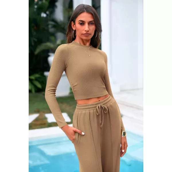 PRETTYGARDEN Womens 2 Piece Loungewear Long Sleeve Crop Top Wide Leg Palazzo Pants Set Tracksuits Casual OutfitCamel
