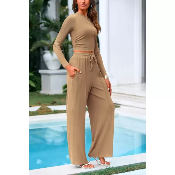 PRETTYGARDEN Womens 2 Piece Loungewear Long Sleeve Crop Top Wide Leg Palazzo Pants Set Tracksuits Casual OutfitCamel