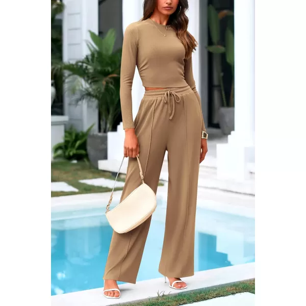 PRETTYGARDEN Womens 2 Piece Loungewear Long Sleeve Crop Top Wide Leg Palazzo Pants Set Tracksuits Casual OutfitCamel