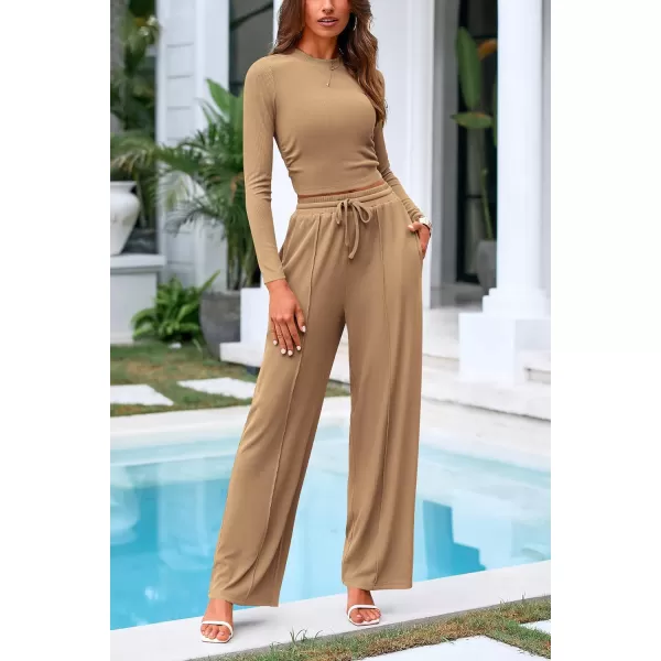 PRETTYGARDEN Womens 2 Piece Loungewear Long Sleeve Crop Top Wide Leg Palazzo Pants Set Tracksuits Casual OutfitCamel