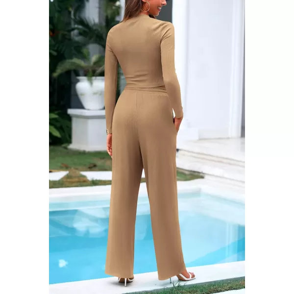 PRETTYGARDEN Womens 2 Piece Loungewear Long Sleeve Crop Top Wide Leg Palazzo Pants Set Tracksuits Casual OutfitCamel