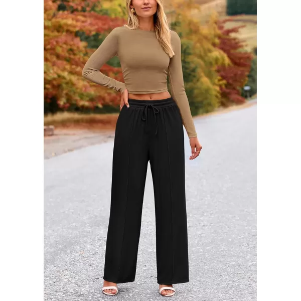 PRETTYGARDEN Womens 2 Piece Loungewear Long Sleeve Crop Top Wide Leg Palazzo Pants Set Tracksuits Casual OutfitCamel Black