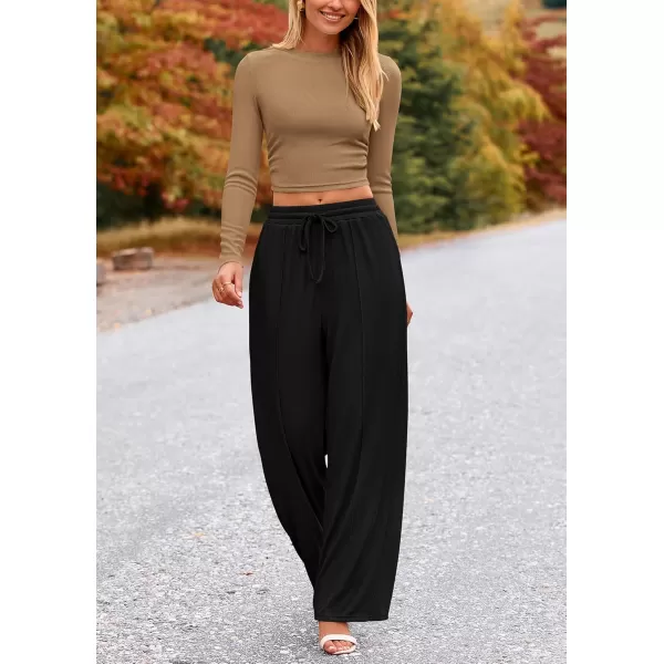 PRETTYGARDEN Womens 2 Piece Loungewear Long Sleeve Crop Top Wide Leg Palazzo Pants Set Tracksuits Casual OutfitCamel Black