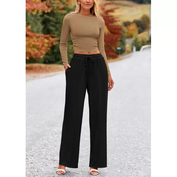 PRETTYGARDEN Womens 2 Piece Loungewear Long Sleeve Crop Top Wide Leg Palazzo Pants Set Tracksuits Casual OutfitCamel Black