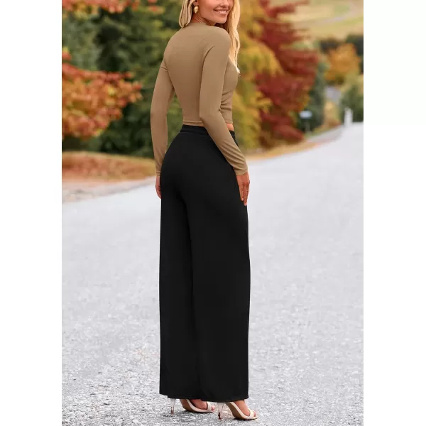PRETTYGARDEN Womens 2 Piece Loungewear Long Sleeve Crop Top Wide Leg Palazzo Pants Set Tracksuits Casual OutfitCamel Black