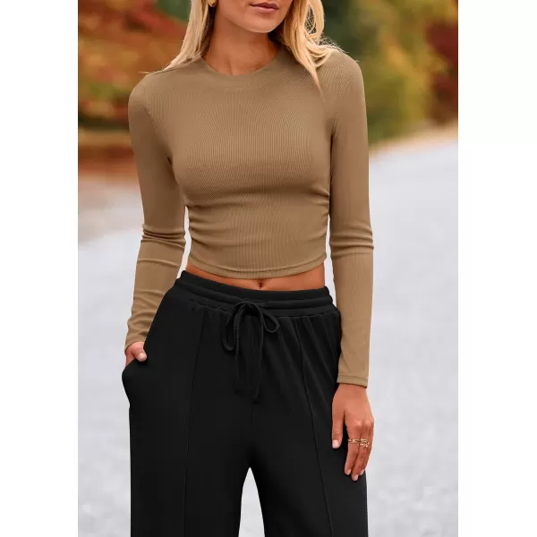 PRETTYGARDEN Womens 2 Piece Loungewear Long Sleeve Crop Top Wide Leg Palazzo Pants Set Tracksuits Casual OutfitCamel Black